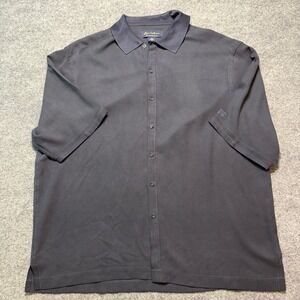 BYRON NELSON Mens Silk Waffle Knit Button Down Shirt Navy Short Sleeve XL